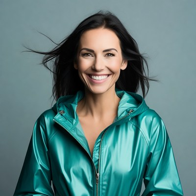 Smiling woman in teal hoodie
