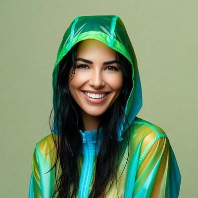 Woman smiling in green raincoat hood