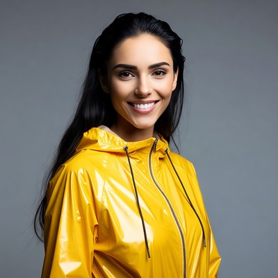 Smiling woman in yellow raincoat