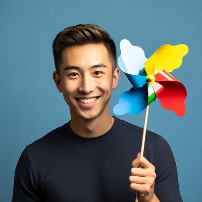 Asian man holding colorful pinwheel