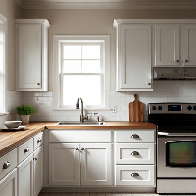 Modern White Kitchen with Wood Countertop