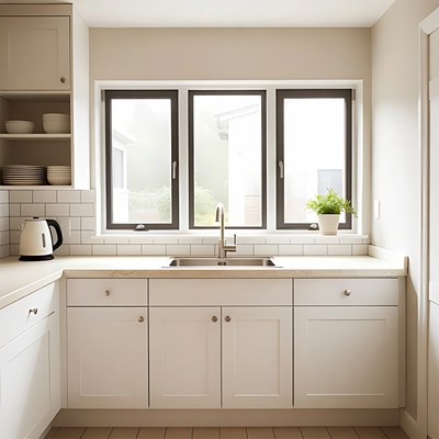 Modern White Kitchen with Triple Windows