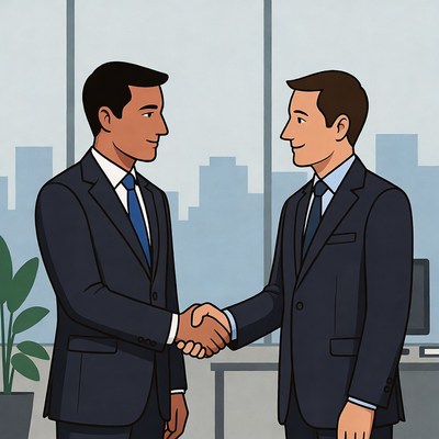 Two businessmen shaking hands in office