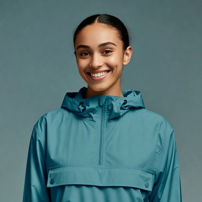 Smiling mixed-race woman in teal hoodie