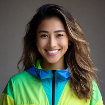Asian woman smiling in colorful hoodie
