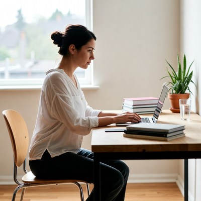 Woman working on laptop at desk