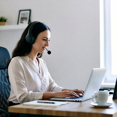 Woman working at desk with headset