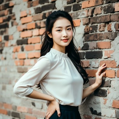 Asian woman leaning on brick wall