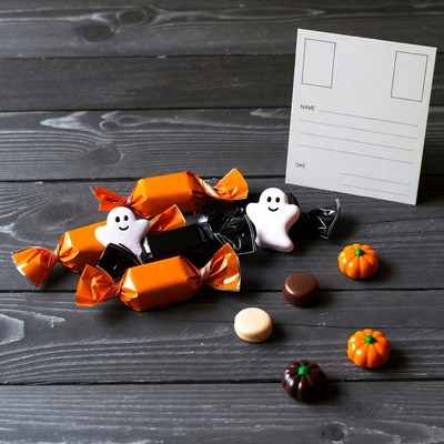 Halloween Candy Ghosts Pumpkins Postcard