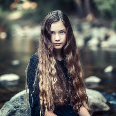 Girl with long wavy hair by stream