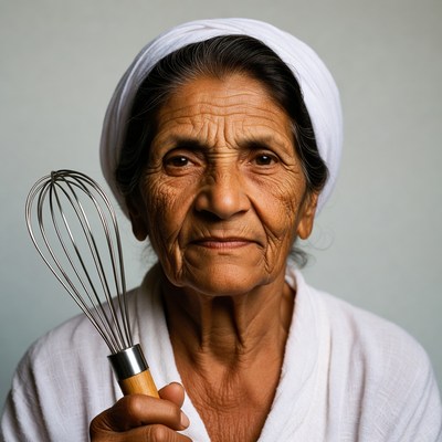 Elderly woman holding whisk