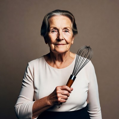 Elderly woman holding whisk