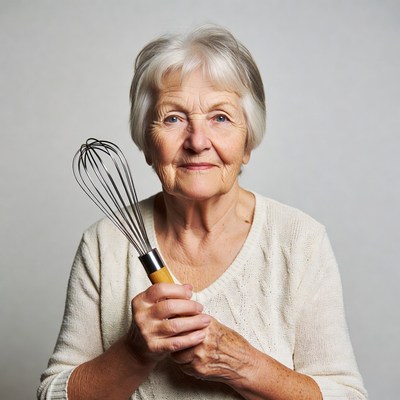 Elderly woman holding whisk