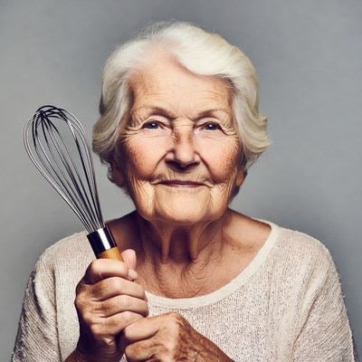 Elderly woman holding whisk
