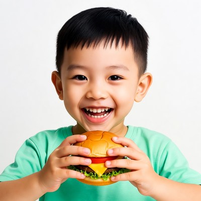 Asian boy holding toy burger