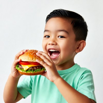 Asian boy eating burger