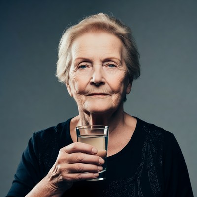 Elderly woman holding glass of water