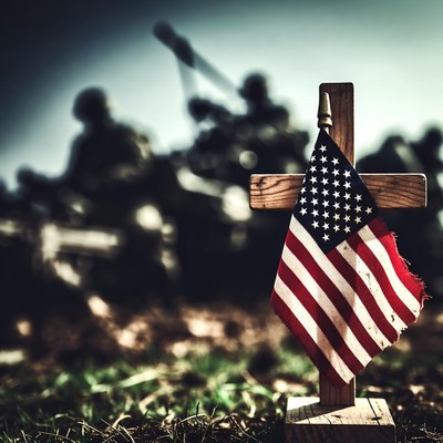 American Flag on Wooden Cross with Soldiers