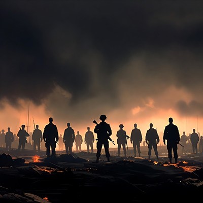 Silhouette soldiers standing on fiery battlefield