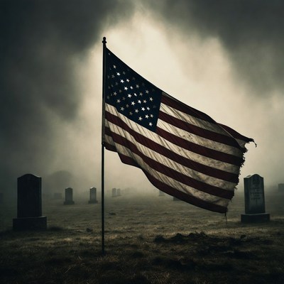 Tattered American Flag in Foggy Cemetery