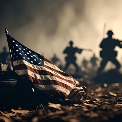 American Flag with Soldiers Silhouette