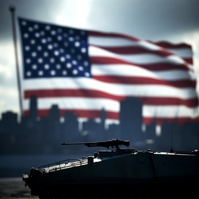 Military Vehicle with US Flag and City Skyline