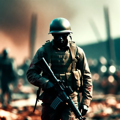 Soldier holding rifle in combat