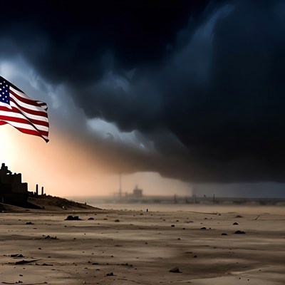 American Flag in Stormy Desert Landscape