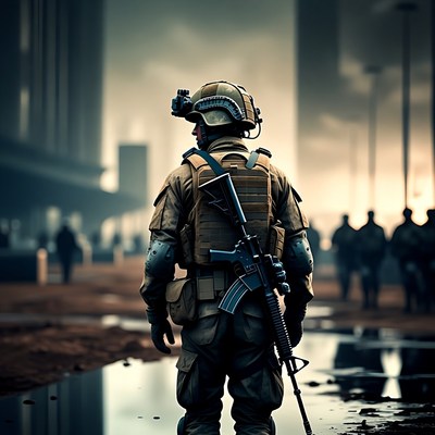 Soldier with rifle in futuristic city