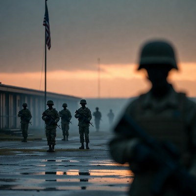 Soldiers marching with rifles at sunset