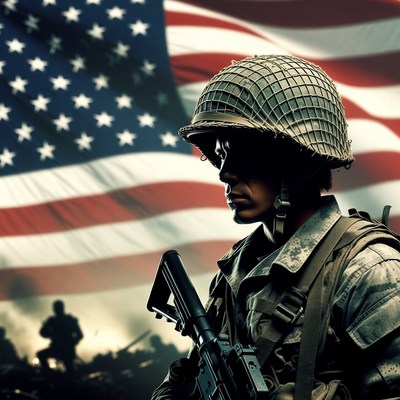 Soldier in helmet with American flag