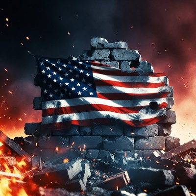 American Flag on Ruined Wall