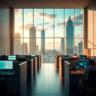 Modern Office Cubicles with City Skyline View