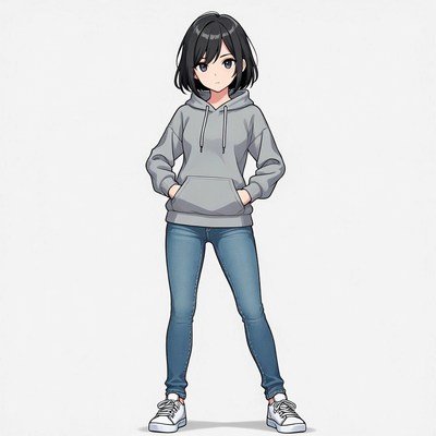 Anime girl in gray hoodie and jeans