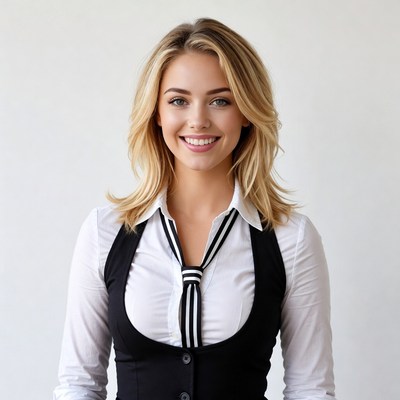 Blonde woman smiling in black vest