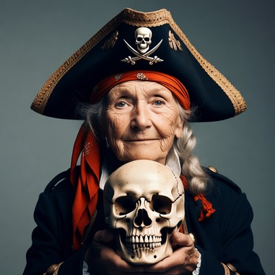 Elderly woman pirate holding skull