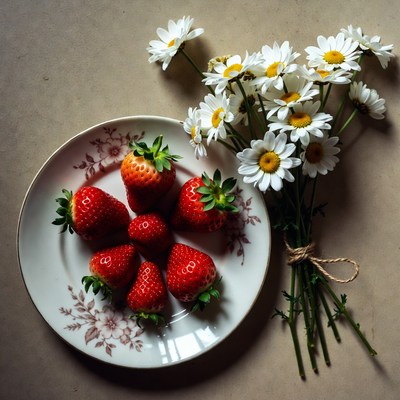 Strawberries and Daisies on Plate