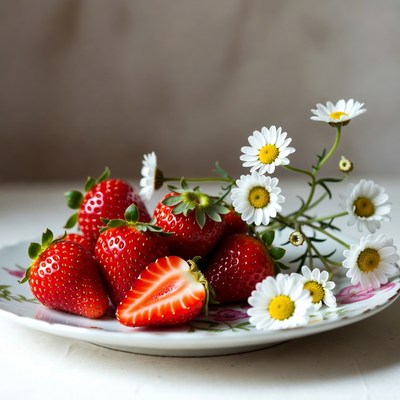 Fresh Strawberries with Daisies on Plate
