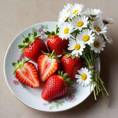 Fresh Strawberries with Daisies on Plate