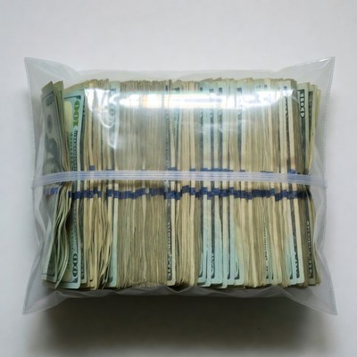 Stack of US Dollars in Clear Plastic Bag
