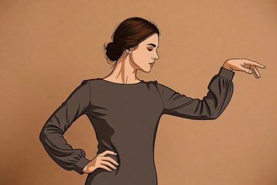Woman in brown dress extending arms