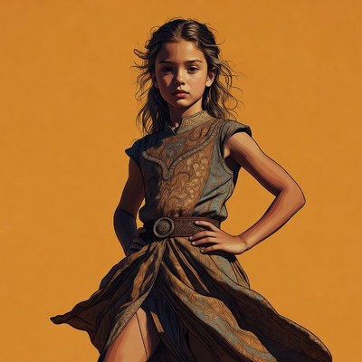 Girl in fantasy dress on orange background