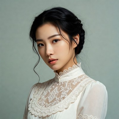 Asian woman in lace collar dress