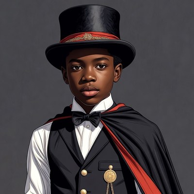 African-American boy in top hat and cape