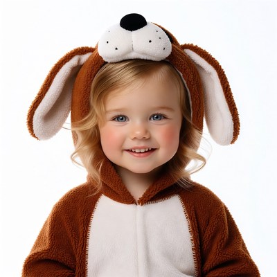 Blonde toddler girl in dog costume