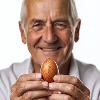 Elderly man holding brown egg