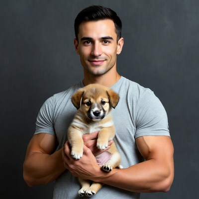 Man holding cute puppy