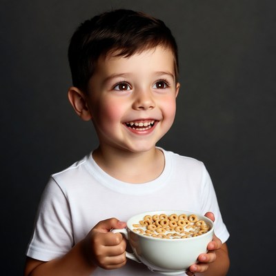 Boy holding bowl of cereal