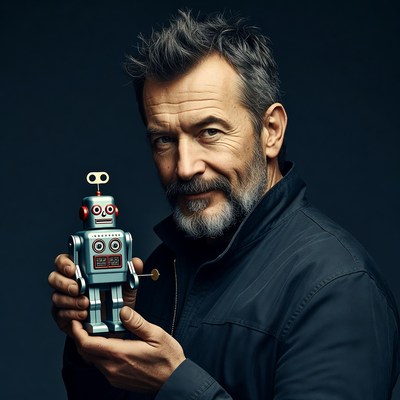 Man holding toy robot