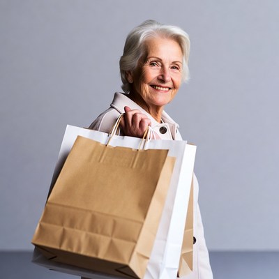 Elderly woman holding shopping bags